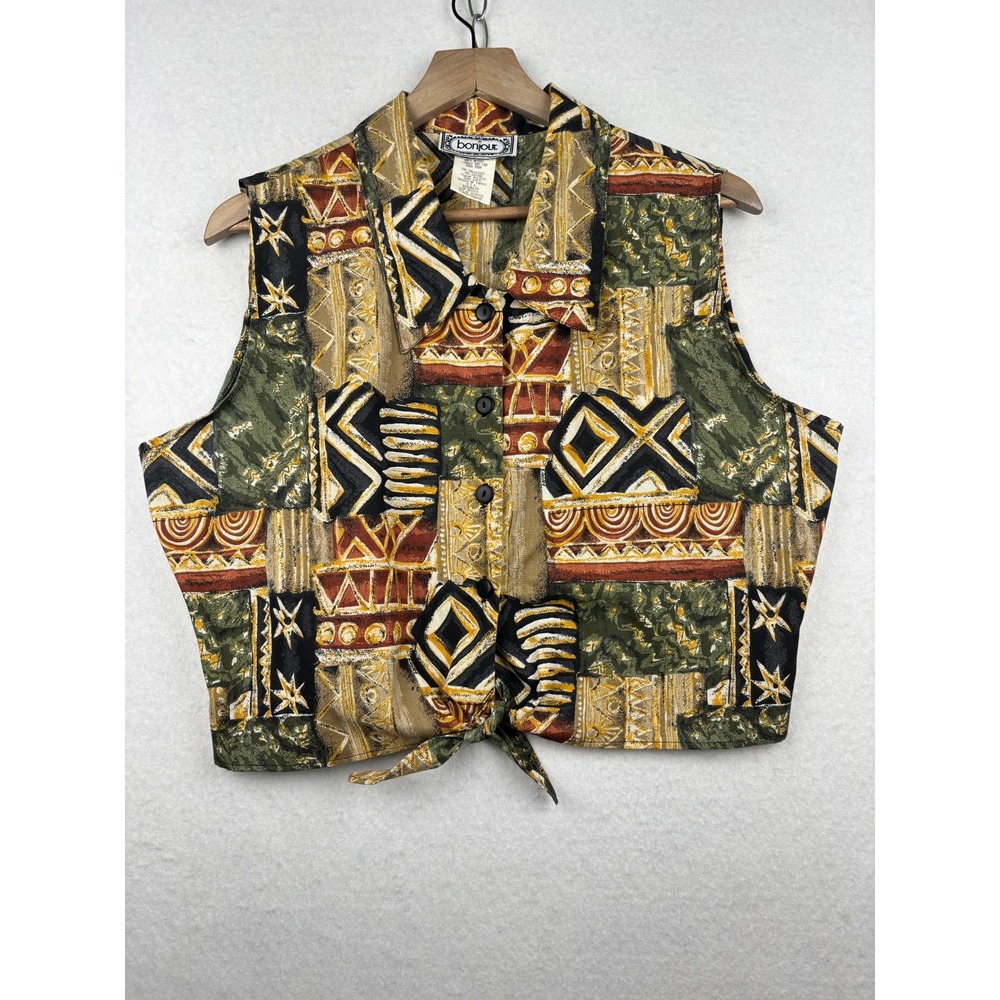 Bonjour Sleeveless‎ Top Womens XL Tie Front Geometric Vintage